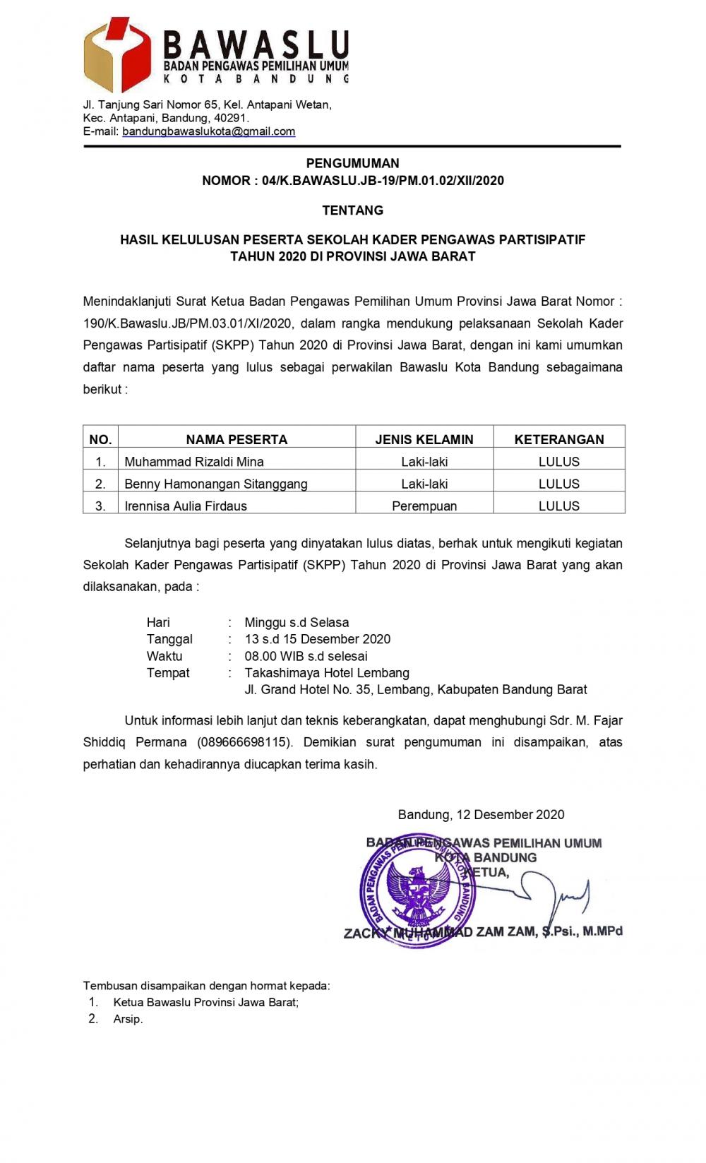 PENGUMUMAN HASIL SELEKSI PESERTA SKPP TAHUN 2020